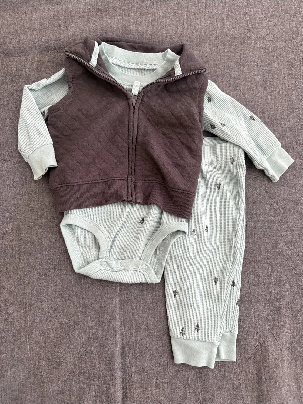 Carters Baby 3-Piece Waffle Bodysuit, Pants & Quilted Vest - Mint & Charcoal